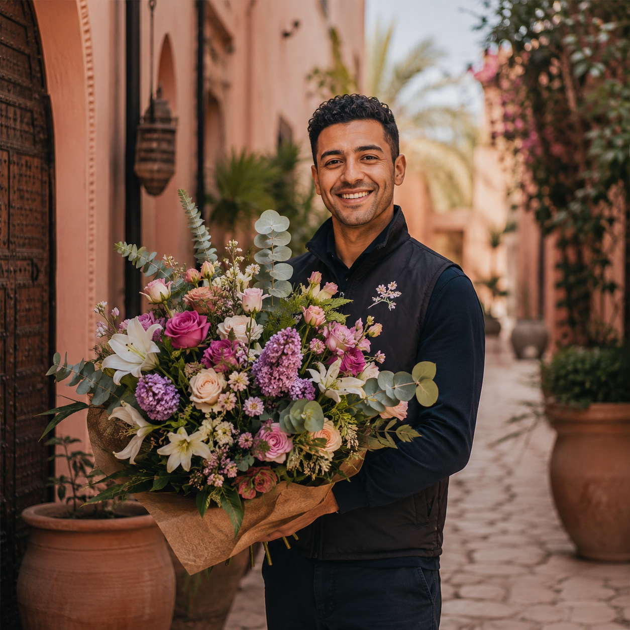 Livreur de fleurs tenant un grand bouquet à Marrakech